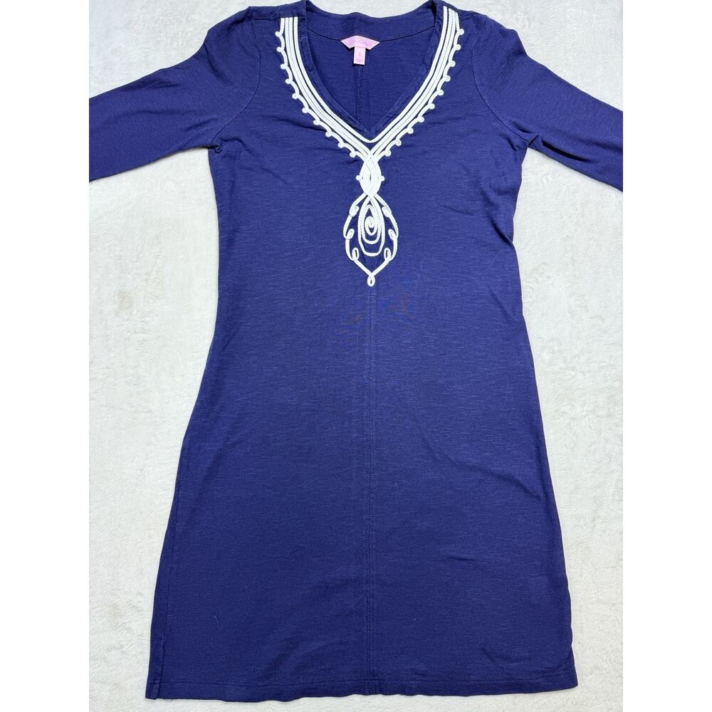 Lilly Pulitzer Tidewater Embroidered Navy Blue Tunic Midi Dress Sz Small